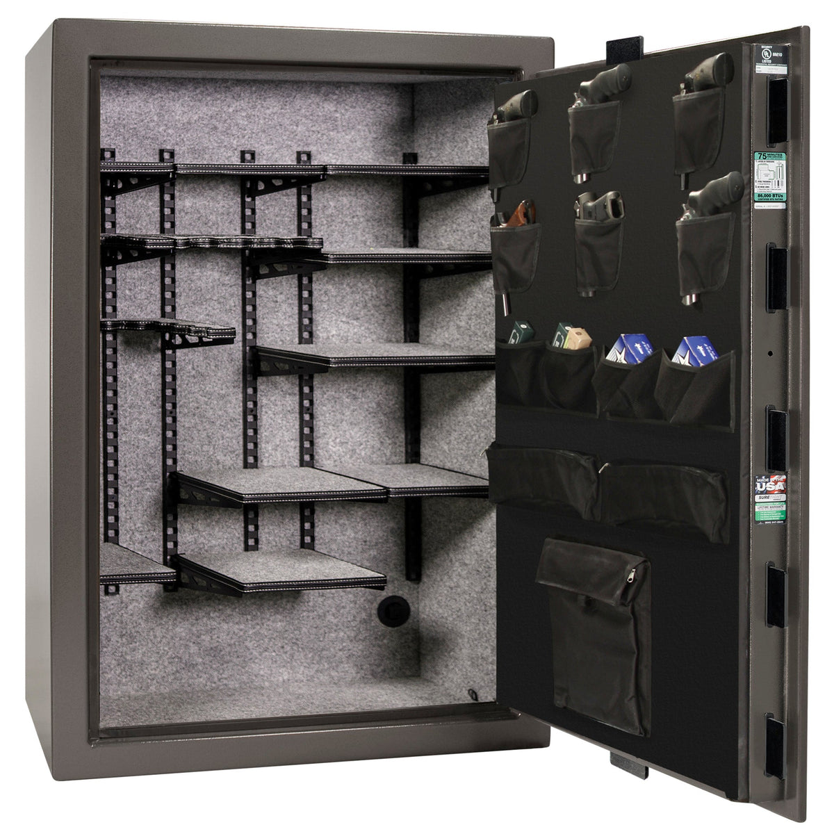 Colonial 35 | Pro Flex Interior | Level 4 Security | 75 Minute Fire Protection | Dimensions: 60.5"(H) x 42"(W) x 22"(D) | Up to 45 Long Guns | Gray Marble | Electronic Lock - Open