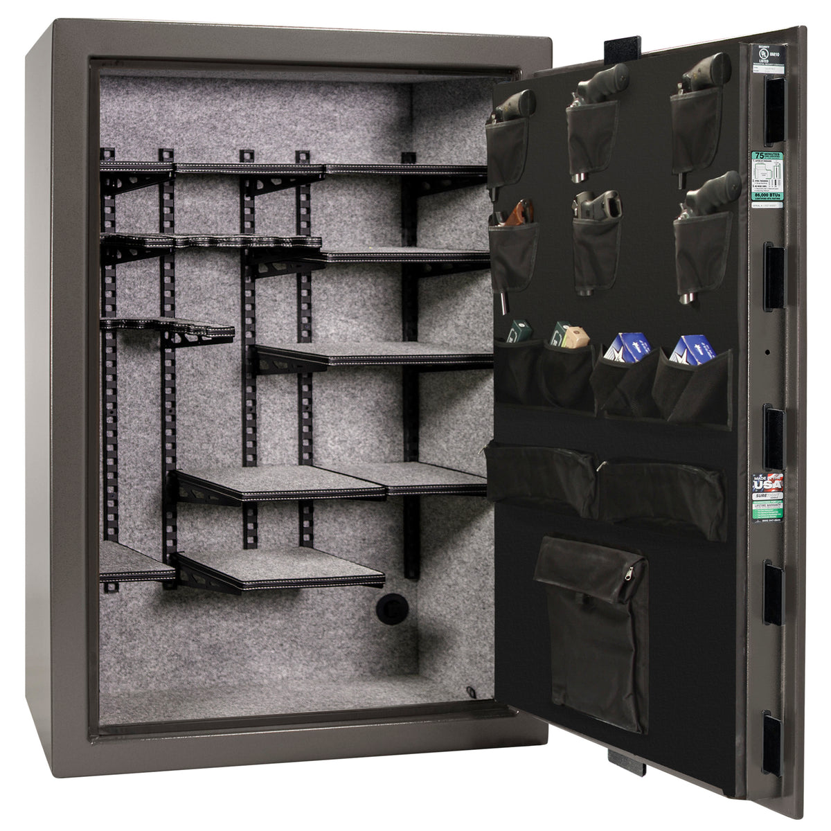 Colonial 35 | Pro Flex Interior | Level 4 Security | 75 Minute Fire Protection | Dimensions: 60.5"(H) x 42"(W) x 22"(D) | Up to 45 Long Guns | Gray Marble | Electronic Lock - Open