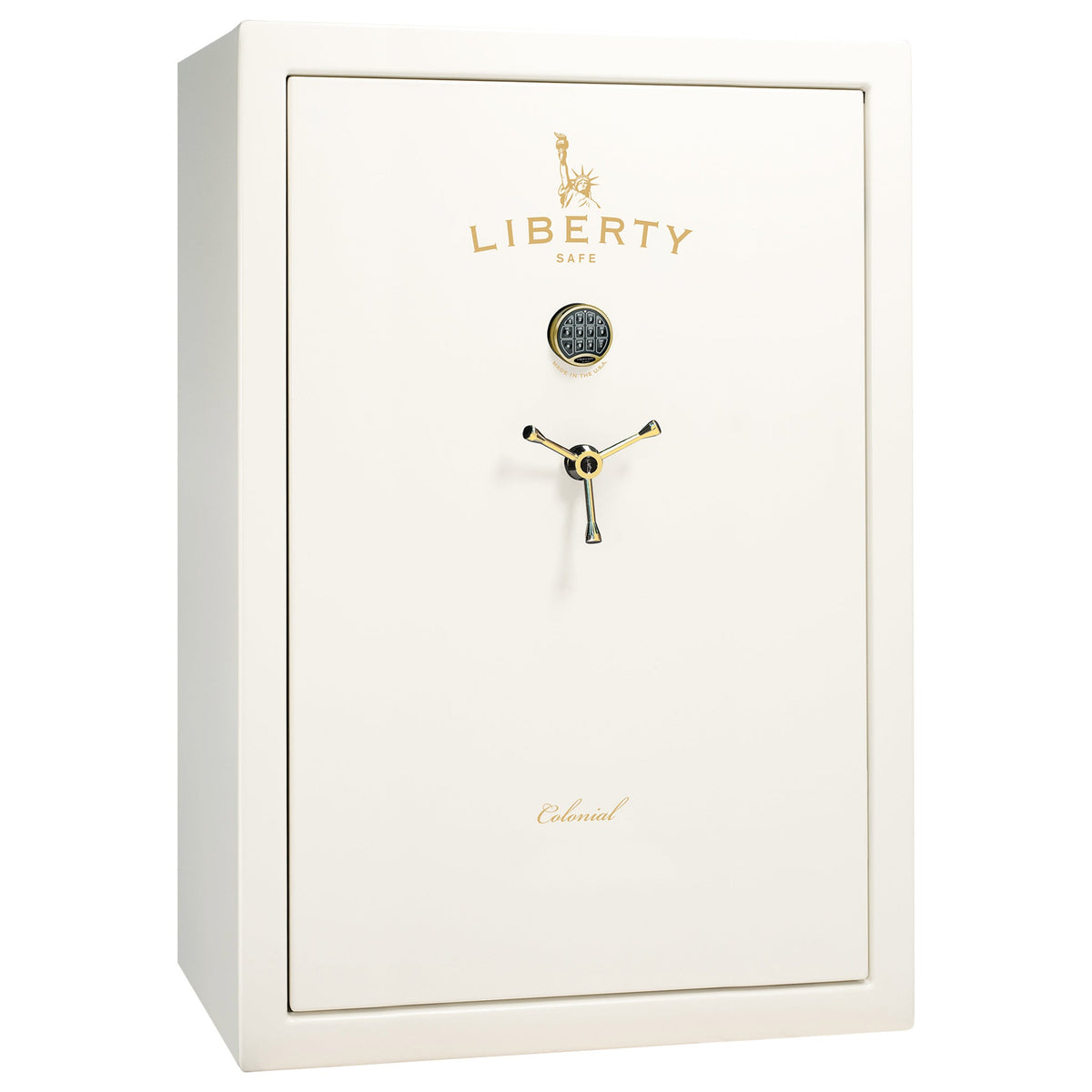 Colonial 35 | Pro Flex Interior | Level 4 Security | 75 Minute Fire Protection | Dimensions: 60.5"(H) x 42"(W) x 22"(D) | Up to 45 Long Guns | White Gloss Brass | Electronic Lock - Closed