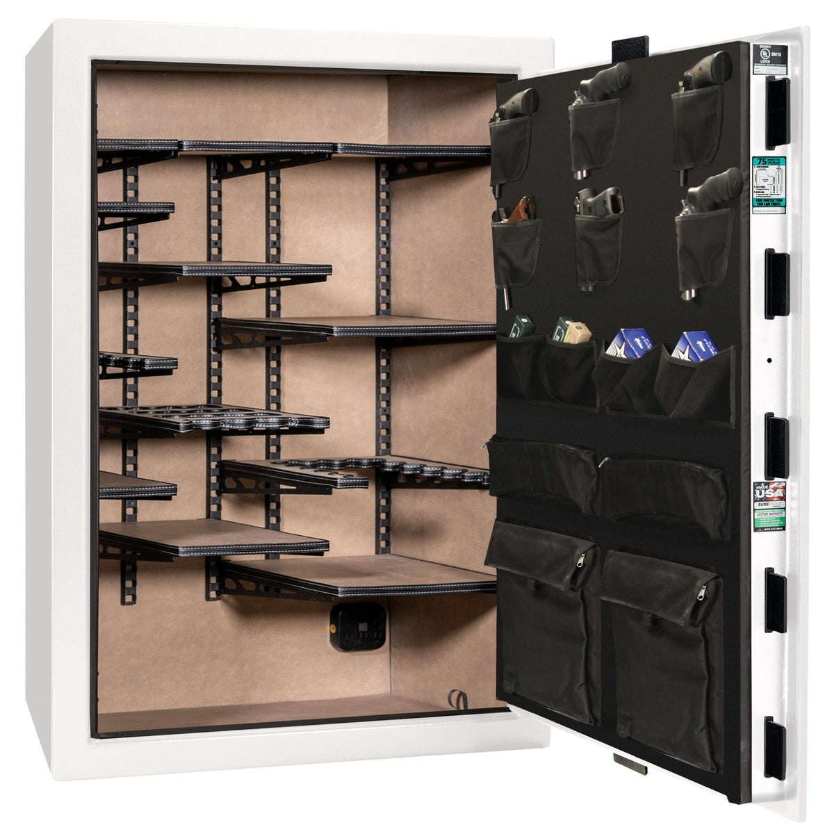 Colonial 35 | Pro Flex Interior | Level 4 Security | 75 Minute Fire Protection | Dimensions: 60.5"(H) x 42"(W) x 22"(D) | Up to 45 Long Guns | White Gloss Brass | Mechanical Lock - Open