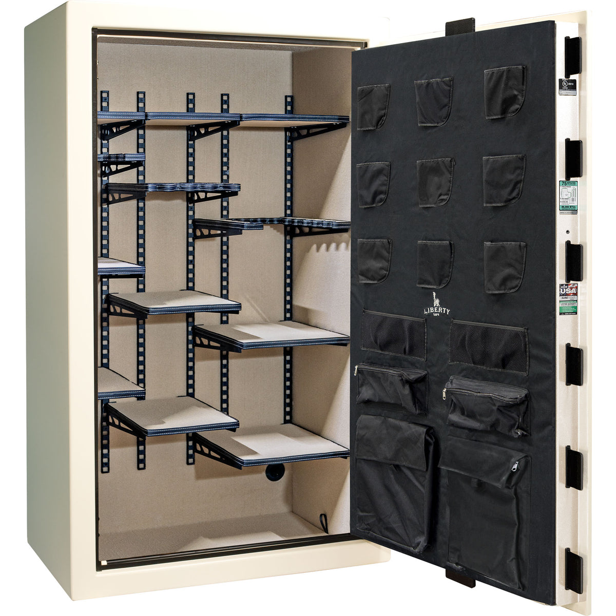 Colonial Series | Level 4 Security | 75 Minute Fire Protection | 50 PRO FLEX | DIMENSIONS: 72.5"(H) X 42"(W) X 27.5"(D*) | White Gloss Black Chrome | Mechanical Lock - Open